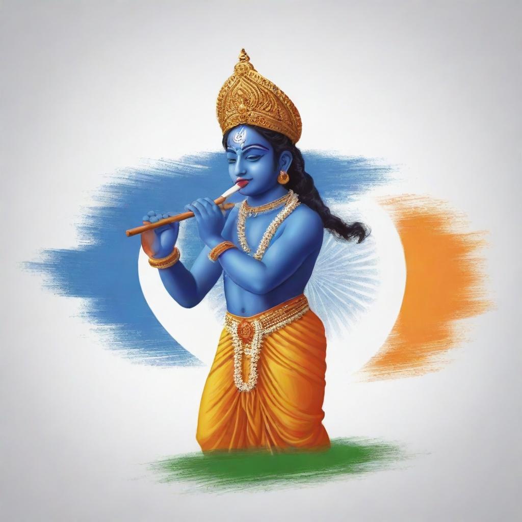 Indian flag fluttering in the wind with a realistic representation of Lord Krishna playing flute, symbolically conceptualized in the center.