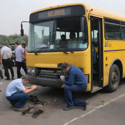 A scene of a mechanical breakdown of a bus, with a technician fixing it, and some passengers showing minor injuries.