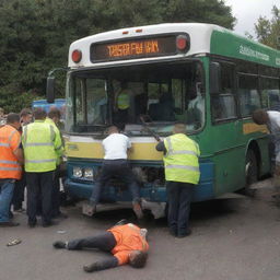 A scene of a mechanical breakdown of a bus, with a technician fixing it, and some passengers showing minor injuries.