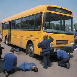 A scene of a mechanical breakdown of a bus, with a technician fixing it, and some passengers showing minor injuries.