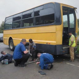 A scene of a mechanical breakdown of a bus, with a technician fixing it, and some passengers showing minor injuries.