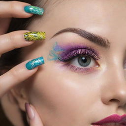 A creative and intricate design of eyelash extensions and nail art, filled with vibrant colors and interesting patterns