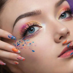 A creative and intricate design of eyelash extensions and nail art, filled with vibrant colors and interesting patterns