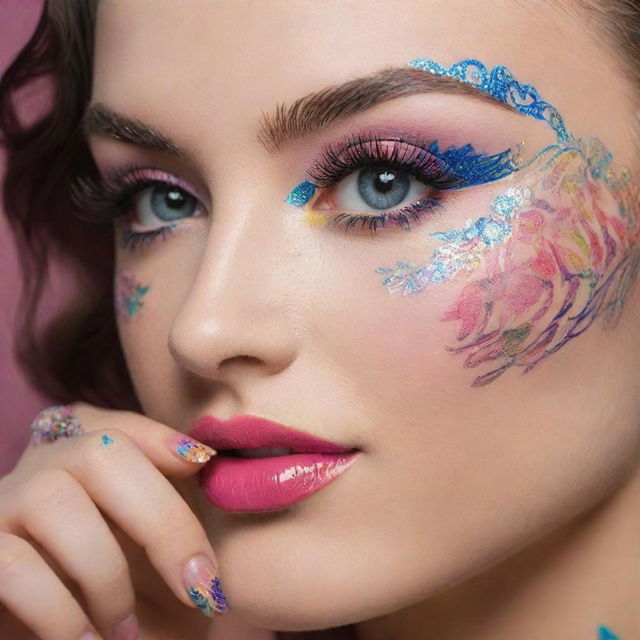 A creative and intricate design of eyelash extensions and nail art, filled with vibrant colors and interesting patterns