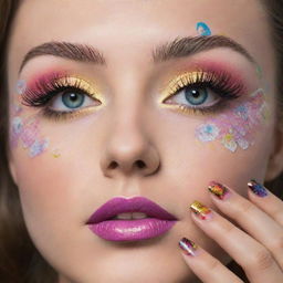 A creative and intricate design of eyelash extensions and nail art, filled with vibrant colors and interesting patterns