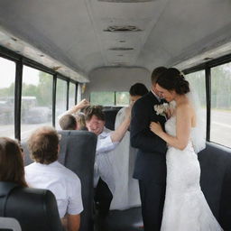 After a brief disruption due to a mechanical breakdown, the bus is successfully repaired by the technician. The wedding celebration on the bus resumes.