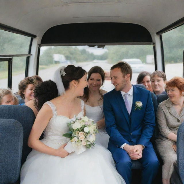 After a brief disruption due to a mechanical breakdown, the bus is successfully repaired by the technician. The wedding celebration on the bus resumes.