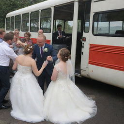 After a brief disruption due to a mechanical breakdown, the bus is successfully repaired by the technician. The wedding celebration on the bus resumes.