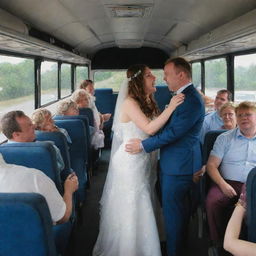 After a brief disruption due to a mechanical breakdown, the bus is successfully repaired by the technician. The wedding celebration on the bus resumes.