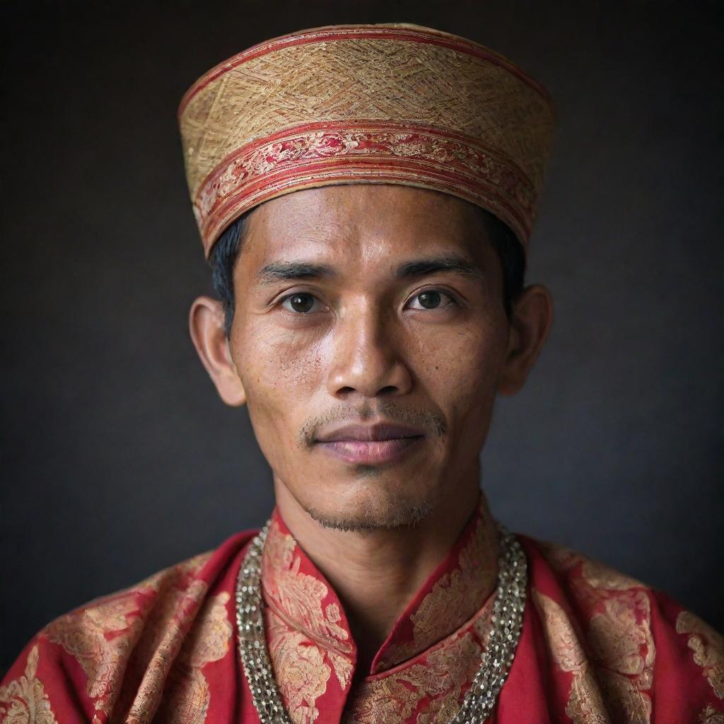 A respectful portrait of an Indonesian individual in traditional clothing