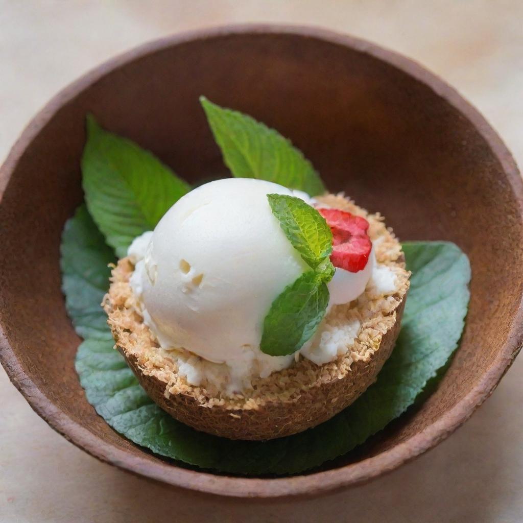 A Tub Tim Krob Thai dessert served in a half coconut shell, complemented with coconut ice cream. The dessert is vibrant and garnished with mint leaves.