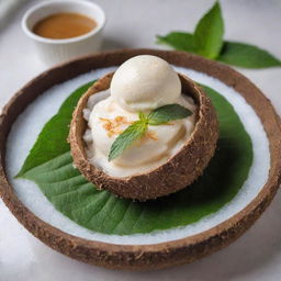 A Tub Tim Krob Thai dessert served in a half coconut shell, complemented with coconut ice cream. The dessert is vibrant and garnished with mint leaves.