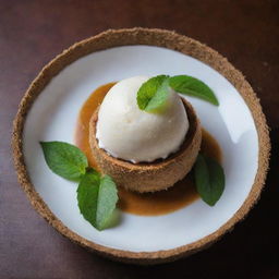 A Tub Tim Krob Thai dessert served in a half coconut shell, complemented with coconut ice cream. The dessert is vibrant and garnished with mint leaves.