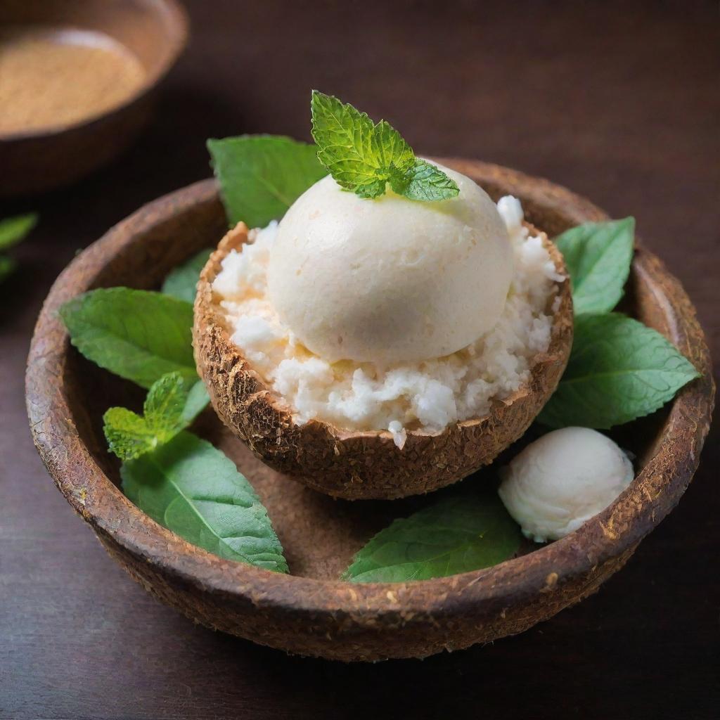 A Tub Tim Krob Thai dessert served in a half coconut shell, complemented with coconut ice cream. The dessert is vibrant and garnished with mint leaves.