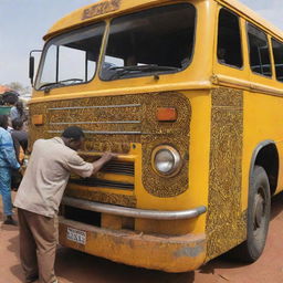 A vibrant yellow bus, adorned with African motifs, experiencing a mechanical breakdown, with a technician actively fixing it.