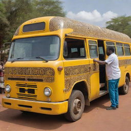 A vibrant yellow bus, adorned with African motifs, experiencing a mechanical breakdown, with a technician actively fixing it.