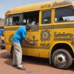 A vibrant yellow bus, adorned with African motifs, experiencing a mechanical breakdown, with a technician actively fixing it.