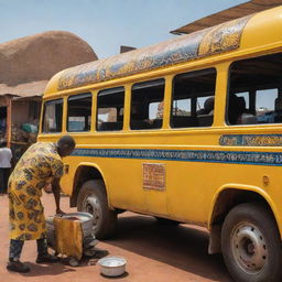 A vibrant yellow bus, adorned with African motifs, experiencing a mechanical breakdown, with a technician actively fixing it.