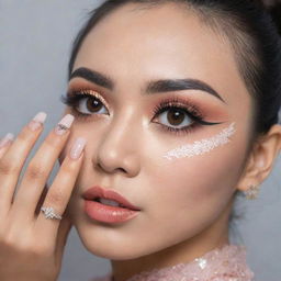 A fashionable Indonesian woman adorned with trend-setting eyelash extensions and nail art popular in Indonesia in 2024