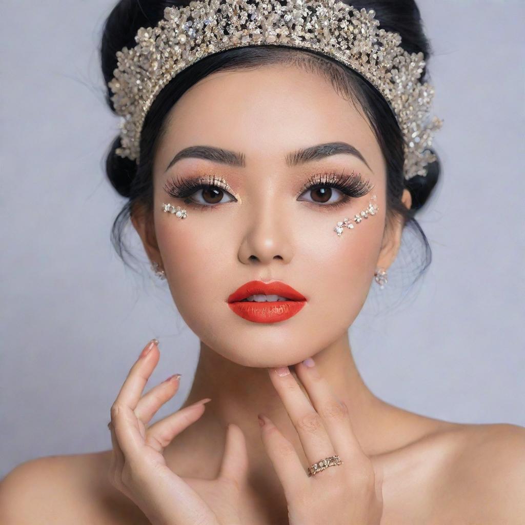 A fashionable Indonesian woman adorned with trend-setting eyelash extensions and nail art popular in Indonesia in 2024