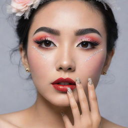 A fashionable Indonesian woman adorned with trend-setting eyelash extensions and nail art popular in Indonesia in 2024