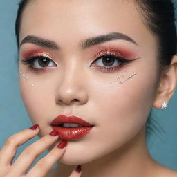 A fashionable Indonesian woman adorned with trend-setting eyelash extensions and nail art popular in Indonesia in 2024