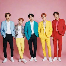 K-pop band Treasure on a photoshoot, with youthful, energetic vibes, wearing modern, stylish fashion in colorful and dynamic settings.