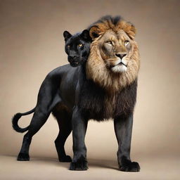 A fantastical animal combining the body of a sleek panther, the face of a dog, and the magnificent tail of a lion