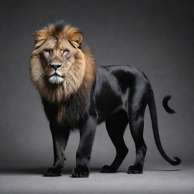 A fantastical animal combining the body of a sleek panther, the face of a dog, and the magnificent tail of a lion