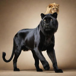 A fantastical animal combining the body of a sleek panther, the face of a dog, and the magnificent tail of a lion