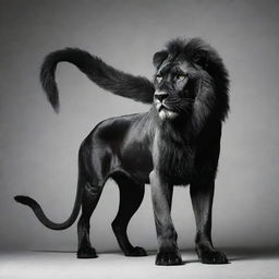 A fantastical animal combining the body of a sleek panther, the face of a dog, and the magnificent tail of a lion