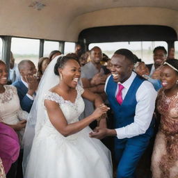 A joyous scene of an African wedding celebration on a bus that has experienced a mechanical breakdown, the technician fixing it while the celebration continues.