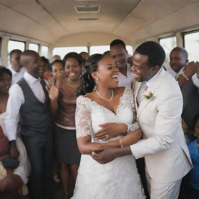 A joyous scene of an African wedding celebration on a bus that has experienced a mechanical breakdown, the technician fixing it while the celebration continues.