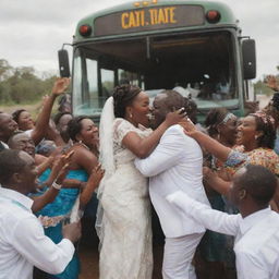 A joyous scene of an African wedding celebration on a bus that has experienced a mechanical breakdown, the technician fixing it while the celebration continues.