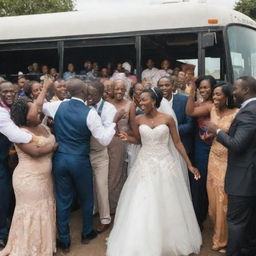 A joyous scene of an African wedding celebration on a bus that has experienced a mechanical breakdown, the technician fixing it while the celebration continues.