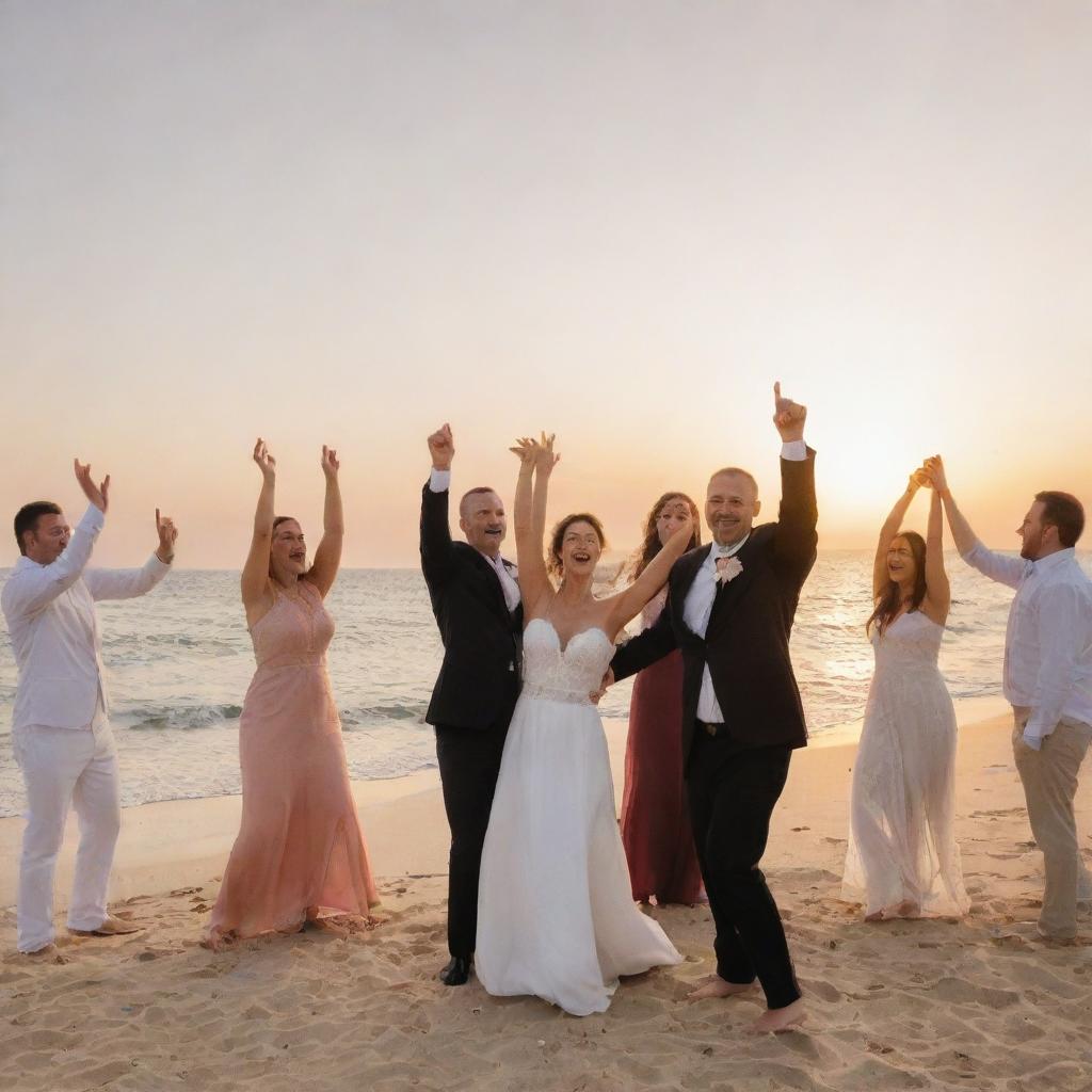 The wedding celebration culminates with the newlyweds and their guests rejoicing on a beautiful beach at sunset.