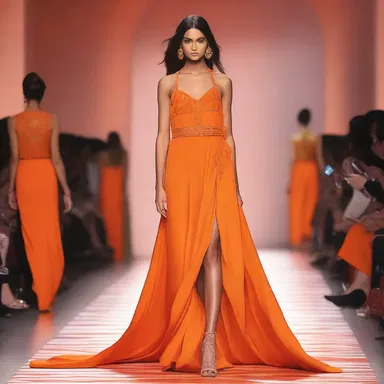 She wore a vibrant temple orange dress that turned heads at the fashion show.