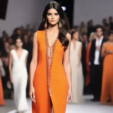 She wore a vibrant temple orange dress that turned heads at the fashion show.