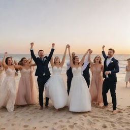 The wedding celebration culminates with the newlyweds and their guests rejoicing on a beautiful beach at sunset.