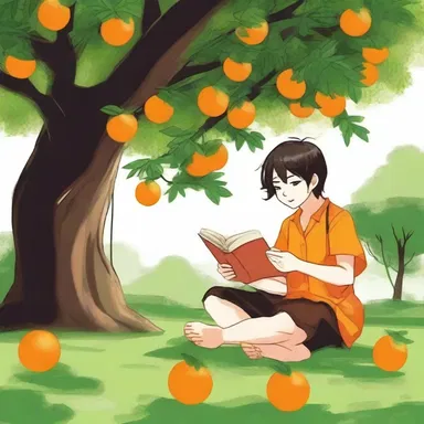 The protagonist enjoyed the refreshing taste of a temple orange as they read a book under a shaded tree.