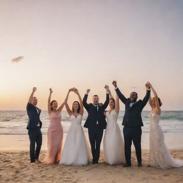 The wedding celebration culminates with the newlyweds and their guests rejoicing on a beautiful beach at sunset.