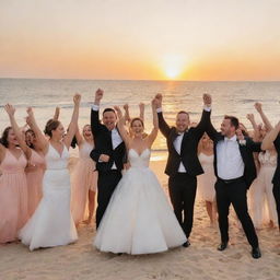 The wedding celebration culminates with the newlyweds and their guests rejoicing on a beautiful beach at sunset.