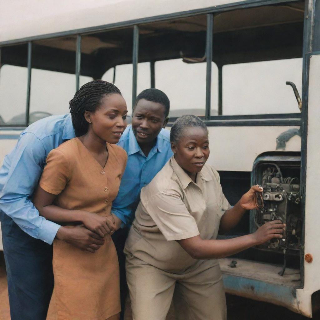 An African couple on a bus that has experienced a mechanical breakdown, a technician diligently working to fix it.