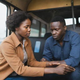 An African couple on a bus that has experienced a mechanical breakdown, a technician diligently working to fix it.