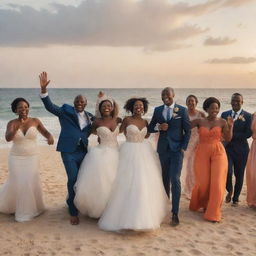 The wedding celebration culminates on a stunning beach, an African couple and their guests rejoicing as the sun sets.