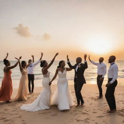 The wedding celebration culminates on a stunning beach, an African couple and their guests rejoicing as the sun sets.