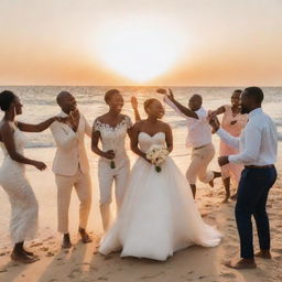 The wedding celebration culminates on a stunning beach, an African couple and their guests rejoicing as the sun sets.