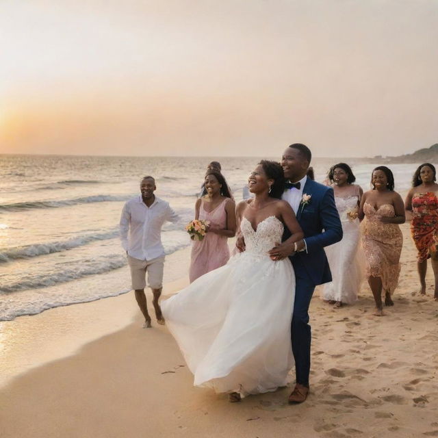 The wedding celebration culminates on a stunning beach, an African couple and their guests rejoicing as the sun sets.