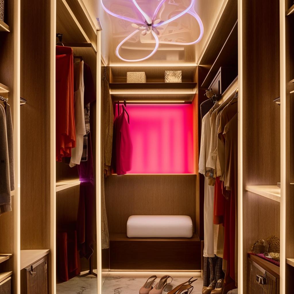 Luxurious walk-in wardrobe featuring a vibrant color palette with artistic lighting