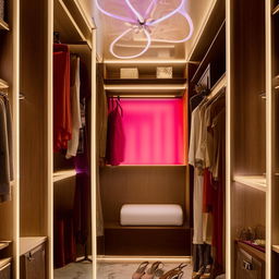 Luxurious walk-in wardrobe featuring a vibrant color palette with artistic lighting